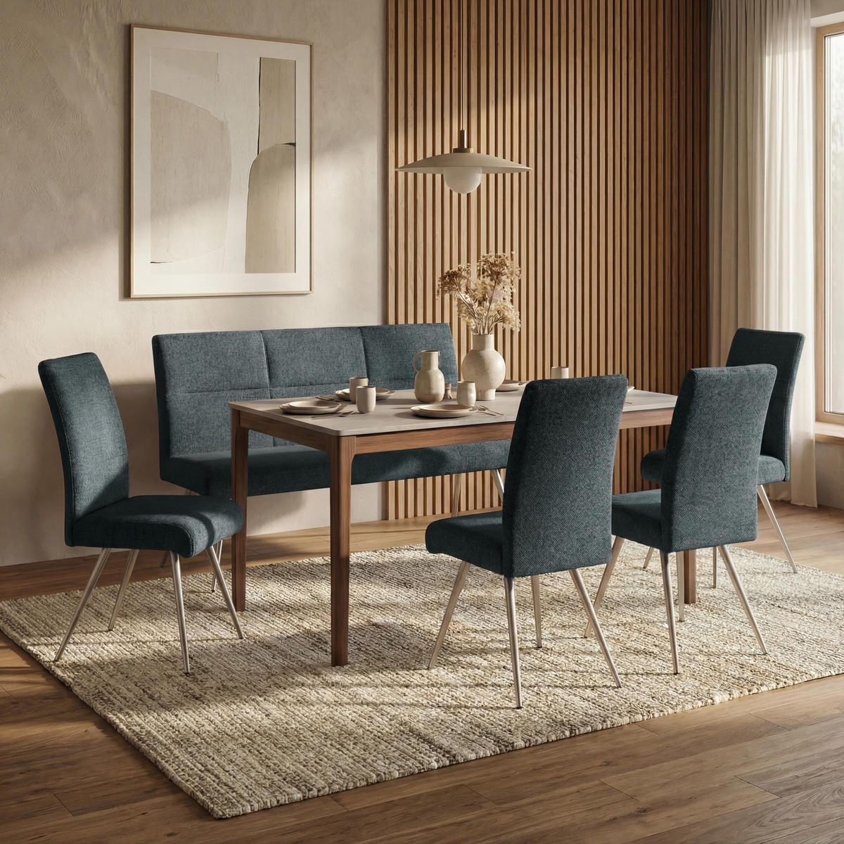 ESSZIMMER-SET Blau 5er-Set - Blau, Textil (160/100/65cm) - MCW