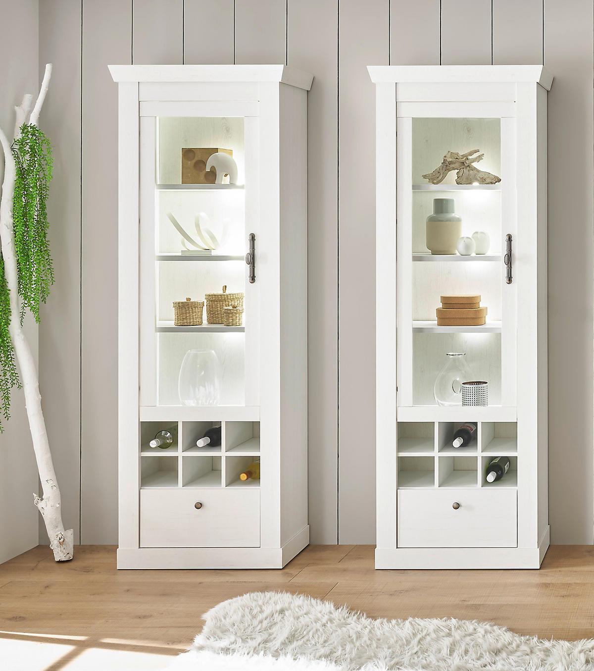 ESSZIMMER-SET Esszimmer Set 3-teilig weiß Pinie Landhaus, Soft-Close-Funktion - Silberfarben/Weiß, Glas/Holzwerkstoff (364/201/45cm) - Furn.Design