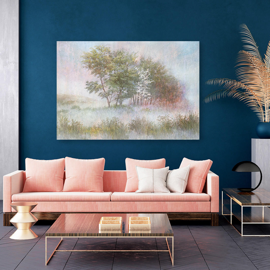 WANDBILD bäume auf einer nebligen wiese - Grün, Textil (60/40cm) - Feeby