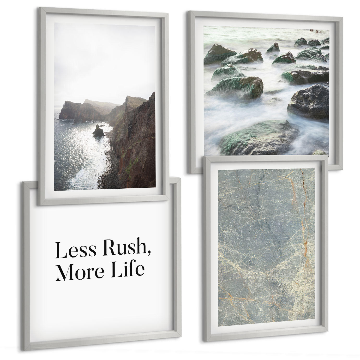 BILDER SET 4er Set - 50x50 cm & 40x60 cm Silberner Rahmen - Grüner Marmor Melancholie - Silberfarben, Kunststoff (50/50cm) - TULUP