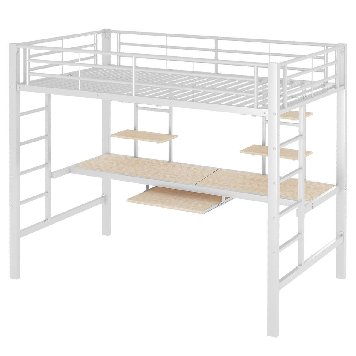 HOCHBETT 90/200 cm mit Schreibtisch, 2 Regalen und Metallrahmen, Weiß - Weiß, Metall (90/200cm) - Redom