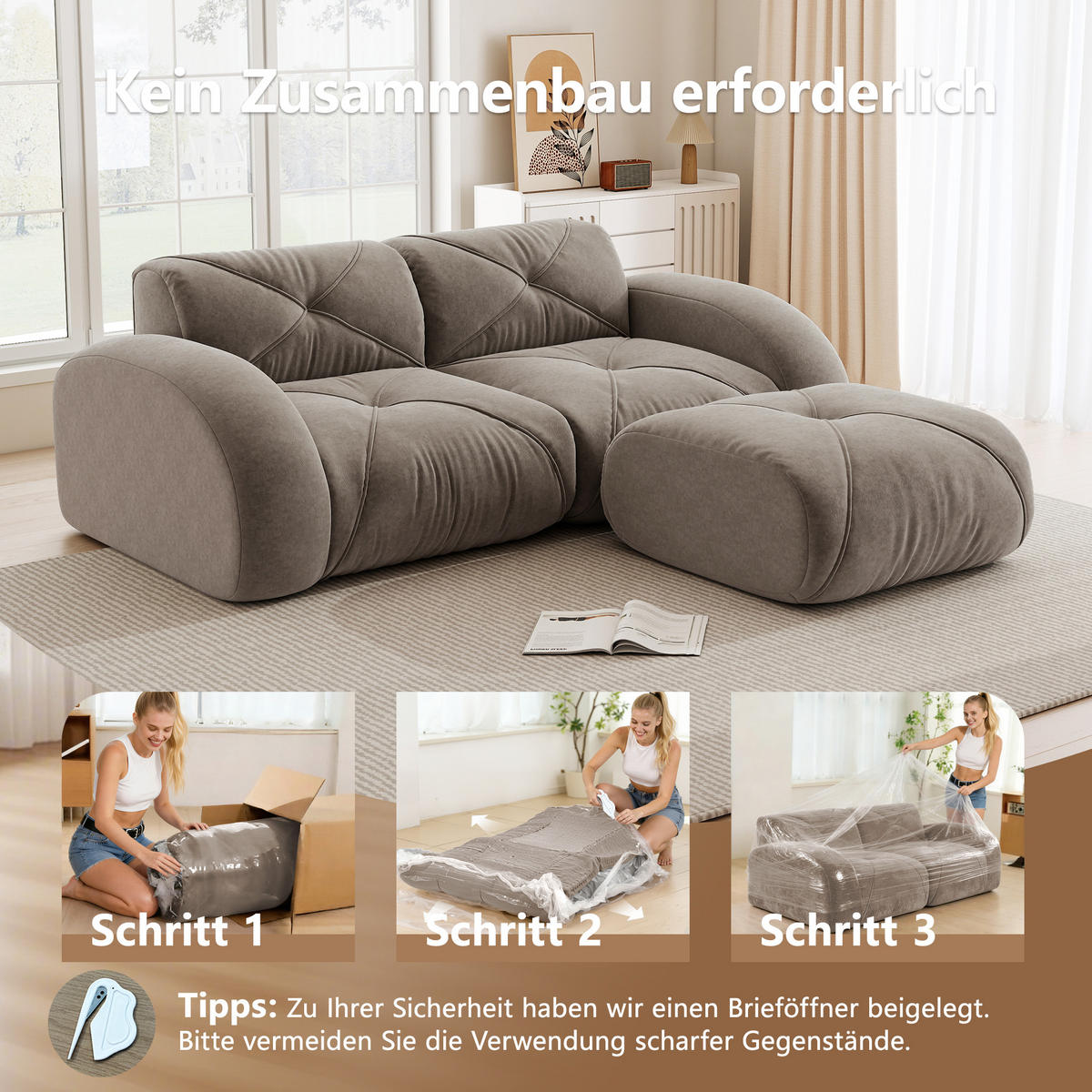 ECKSOFA 204×171×76 cm aus Chenille rahmenlos modular mit Hockern, braun - Braun, Textil (171/204cm) - Luhomfu