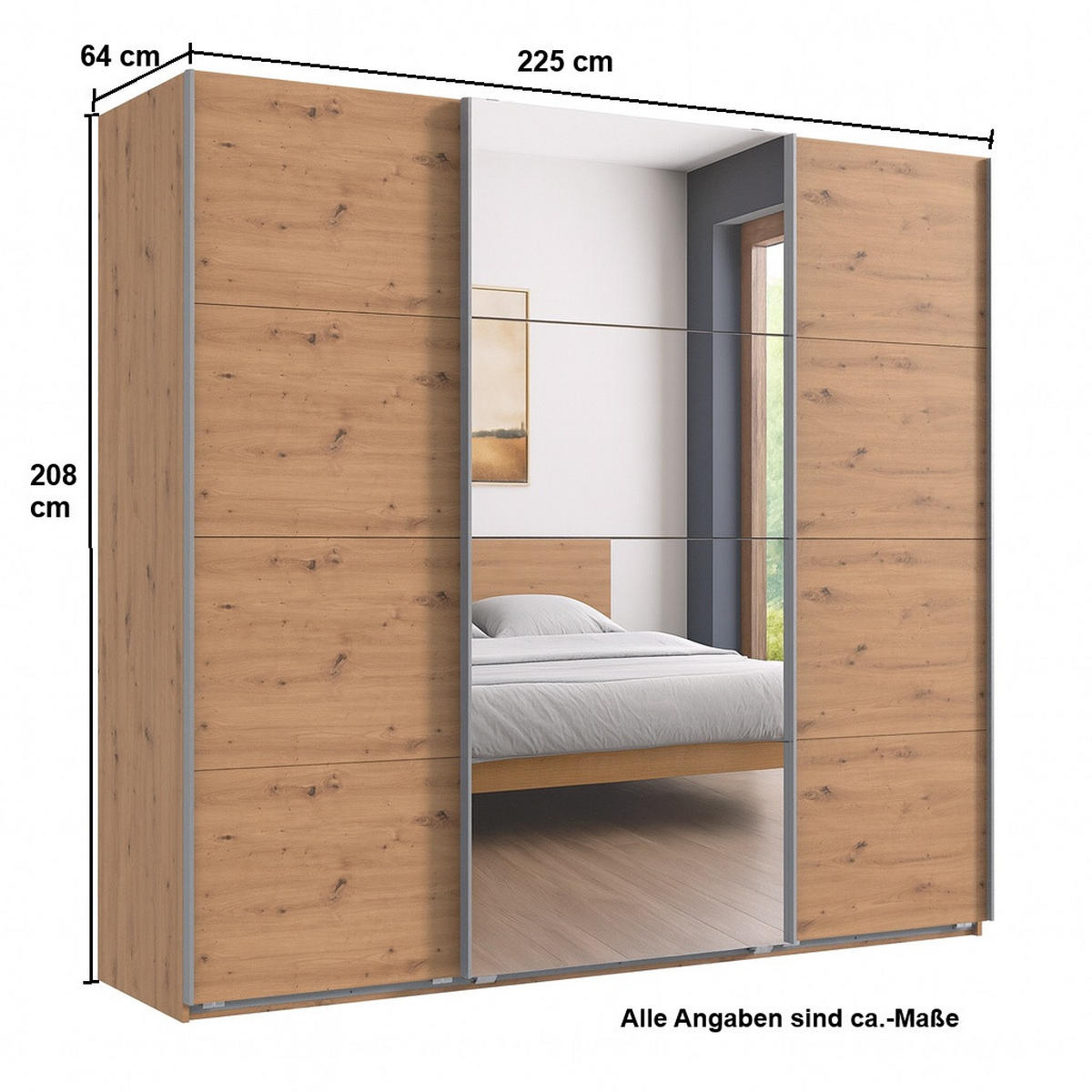 SCHWEBETÜRENSCHRANK 3-türig in Eiche Artisan Dekor, eine Tür mit Spiegel, B225/H208/T64 cm / 22520 - Edelstahlfarben/Eichefarben, Holzwerkstoff/Metall (225/208/64cm) - luma-home
