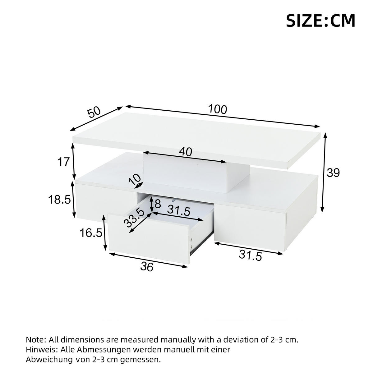 COUCHTISCH LED Hochglanz Weiß 2-stufig mit Schublade 100x50cm - Weiß, Holzwerkstoff (100/50/39cm) - FLIEKS