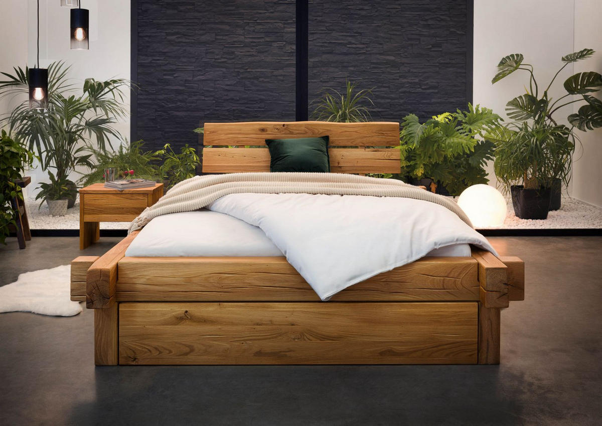 BETT mit Schublade Massivholz Wildeiche 140 x 200 x 85 natur BALKENMÖBEL #127 - Naturfarben, Holz (140/200cm) - Massivmoebel24