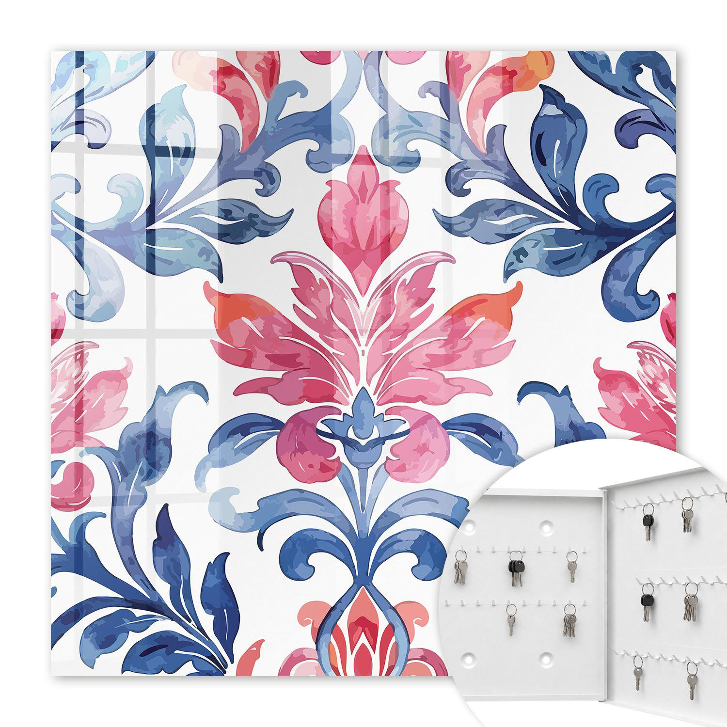SCHLÜSSELBOX Weiß 30x30 cm – Türöffnung nach rechts - Bunte Ornamente - Blau, Metall (30/30/5cm) - TULUP