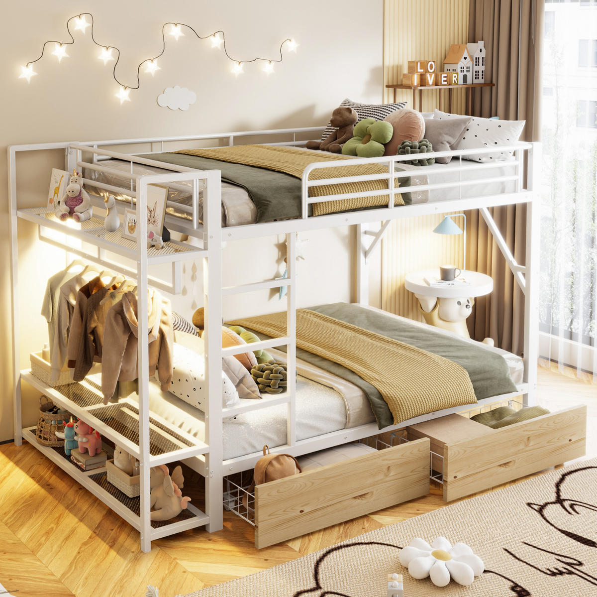ETAGENBETT 140/200 cm weiß aus Metall mit LED, Regalen und 2 Schubladen - Weiß, Metall (140/200cm) - OKWISH