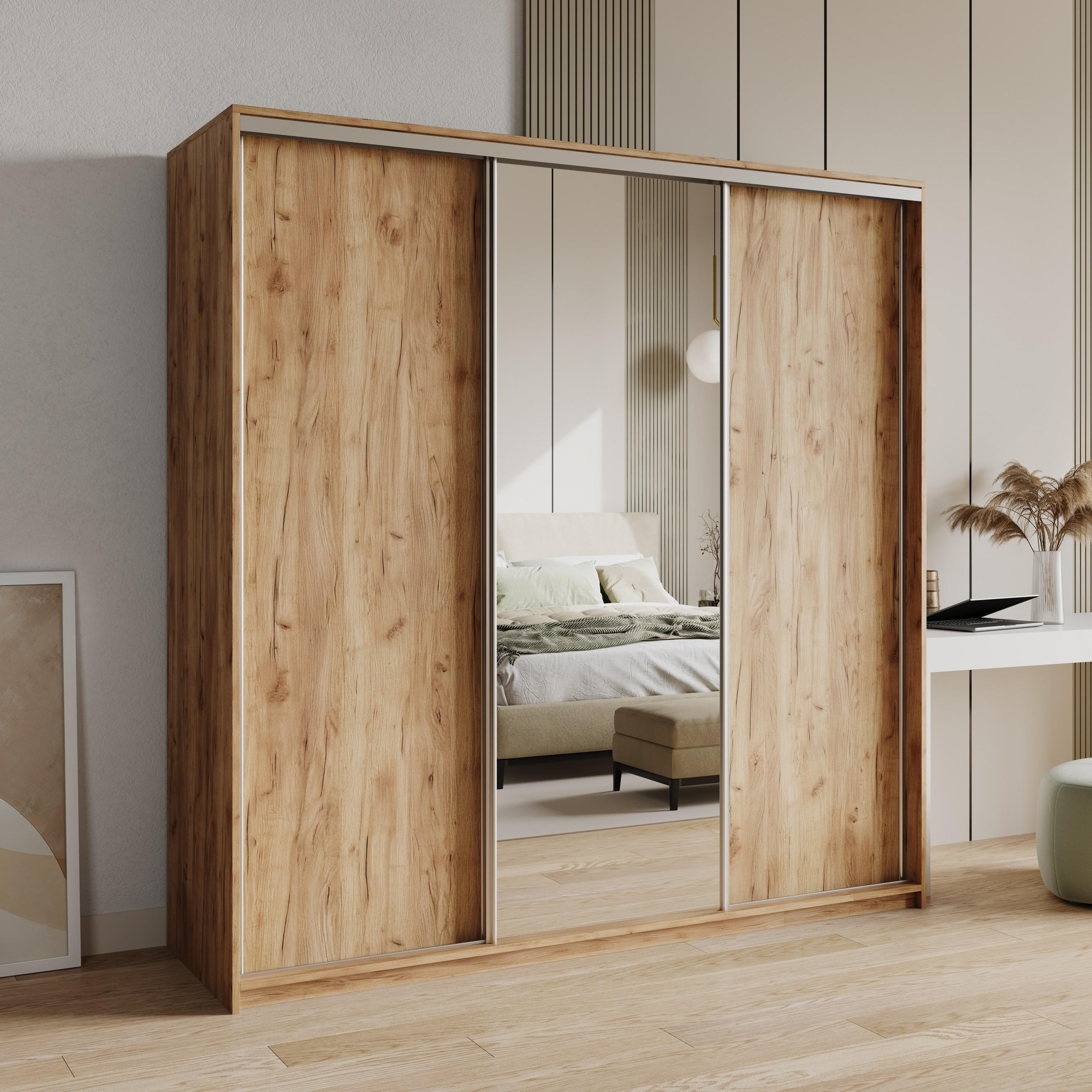 SCHWEBETÜRENSCHRANK TAVI 180/205/60 cm 3-türig mit Spiegel und Schubladen Craft Eiche Gold - Orange/Nickelfarben, Holzwerkstoff (180/205/60cm) - MASSENO