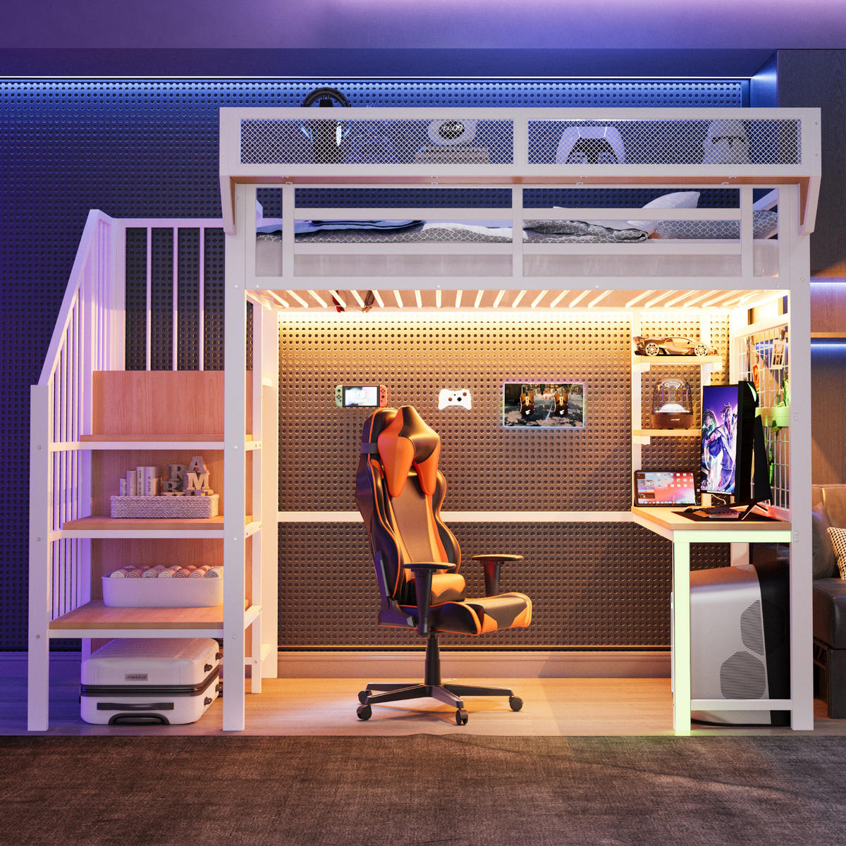 HOCHBETT 90/200 cm DE-01538, in Weiß, mit Schreibtisch, LED-Beleuchtung und Steckdose - Weiß, Metall (90/200cm) - ComfortXL