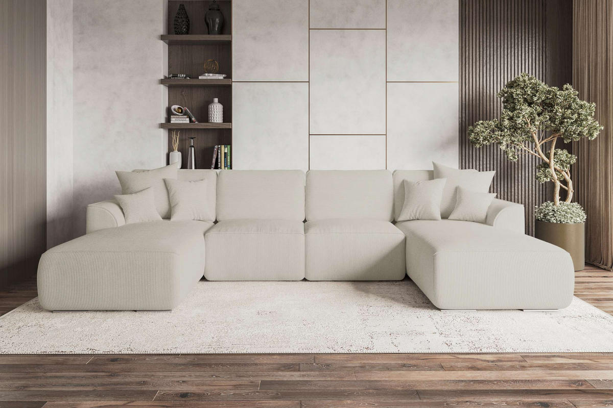 WOHNLANDSCHAFT GUSTO Cordstoff Greige inkl. Schlaffunktion - Chromfarben/Greige, Kunststoff/Textil (306/96/194cm) - 99rooms