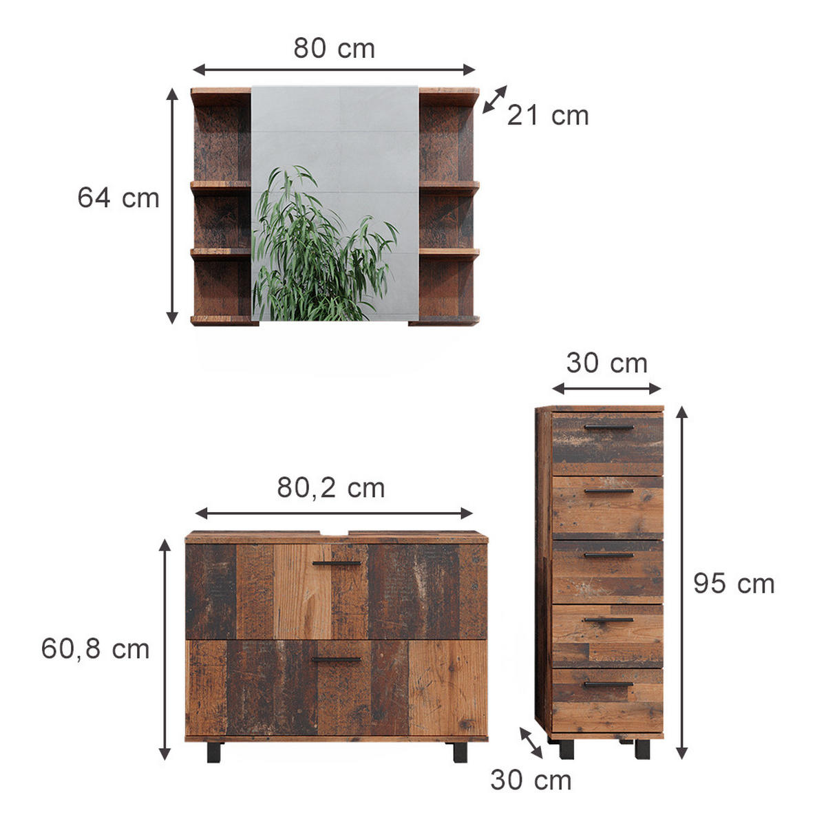 BADMÖBEL-SET Ilias Eiche rustikal 3 Teile, mit Unterschrank 80 cm - Wildeiche, Holzwerkstoff (80/60/33cm) - Vicco