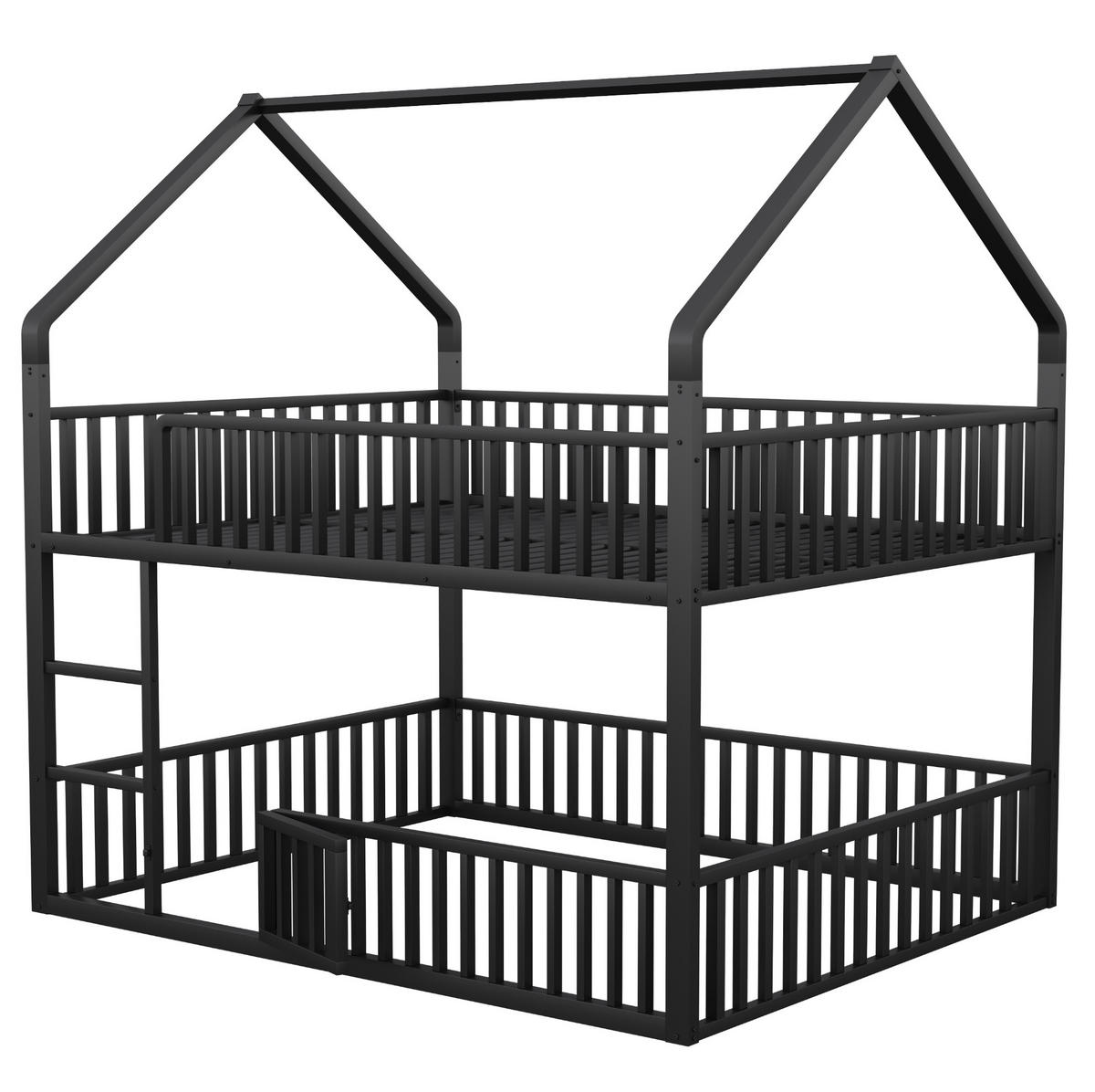 ETAGENBETT aus Metall 140x200 cm Schwarz in Hausform mit Frontleiter und Tür - Schwarz, Metall (140/200cm) - IVMEU