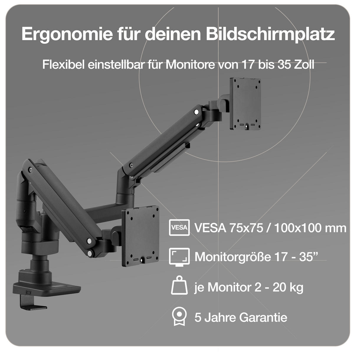 MONITORARM Doppel-Monitorarm in schwarz mit Gasfeder für 2 Monitore 17–35 Zoll bis je 20kg / Schwarz - Schwarz, Metall (25/50/13cm) - ASSMANN