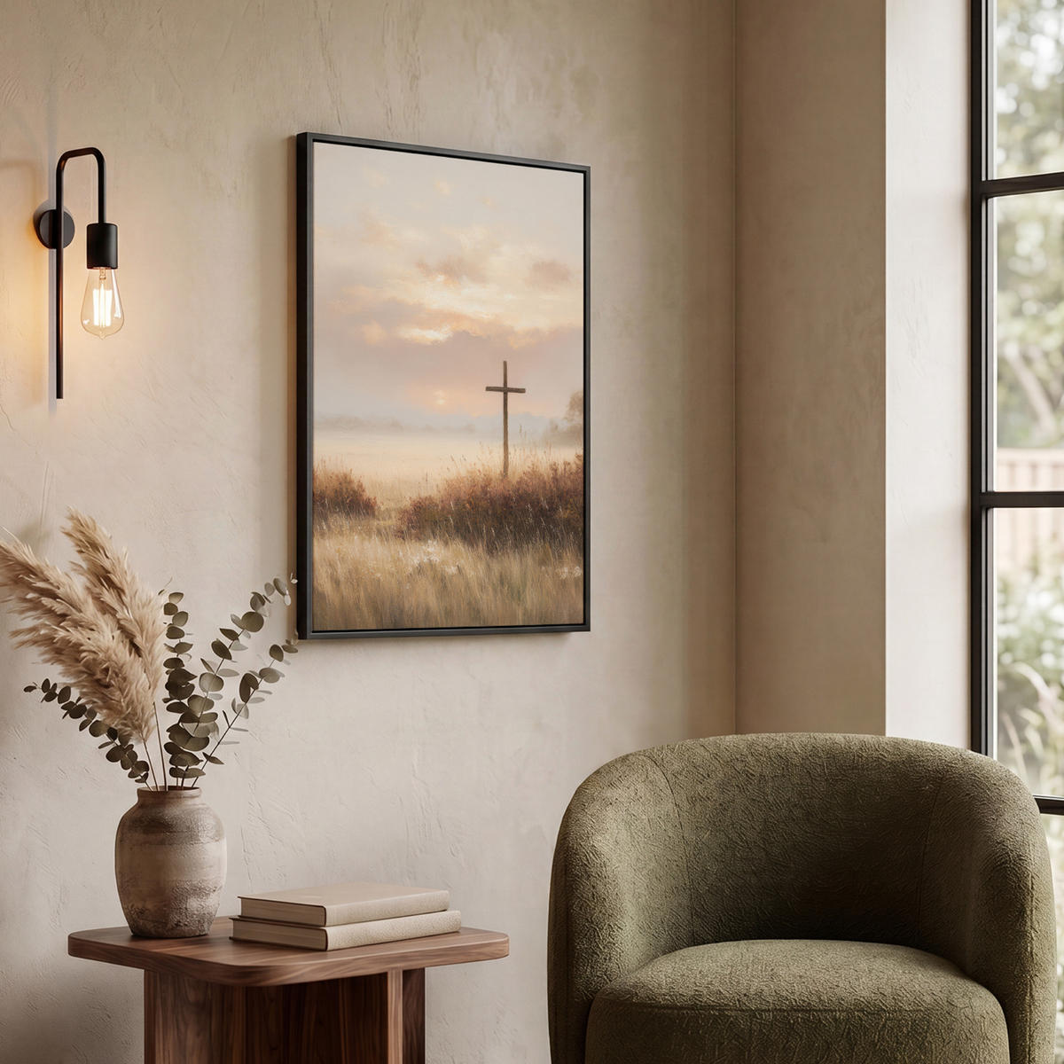 LEINWAND Bilder mit Rahmen - Gras - Morgennebel - Kreuz - Christentum - 60x80 - Beige, Textil (60/80cm) - MuchoWow