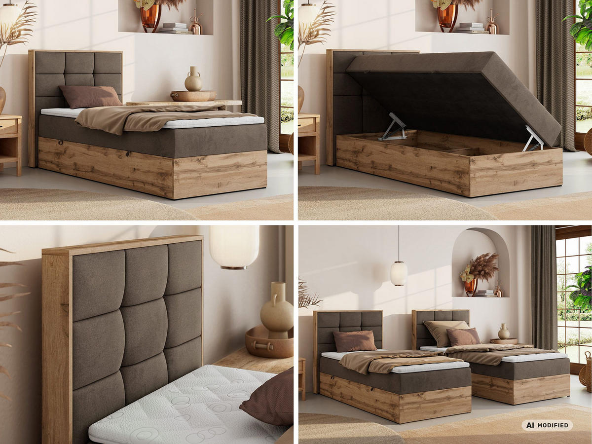 BOXBETT ALBERO 1 90/200 - Braun Velvet - Topper T25 - H3 - Links - Schwarz/Braun, Kunststoff/Textil (90/200cm) - MKS