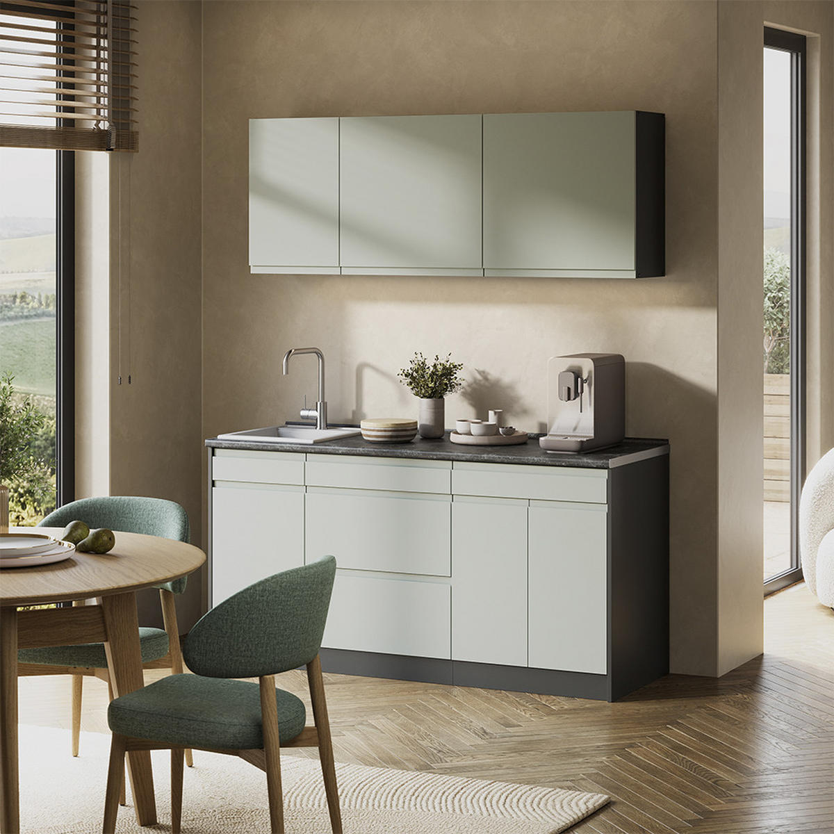 SINGLEKÜCHE R-Line, Pastellgrün/Anthrazit, 160 cm Arbeitsplatte Satin - Pastellgrün/Anthrazit, Holzwerkstoff (160/81.6/60cm) - Vicco