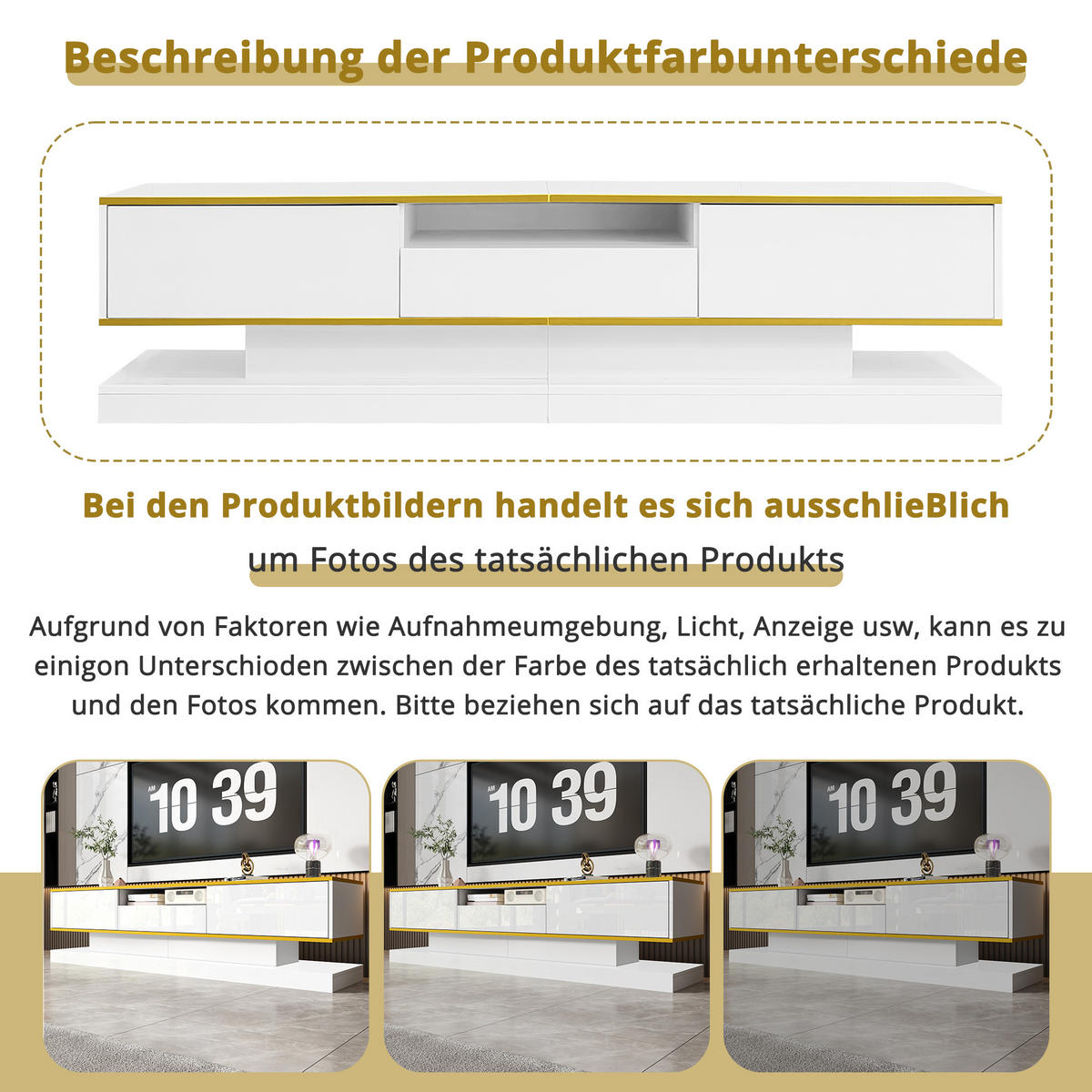 LOWBOARD in Weiß und Gold mit 3 Schubladen und LED-Beleuchtung für Wohnzimmer, B180/T38/H45 cm - Weiß, Holzwerkstoff/Metall (180/45/38cm) - STILVORA