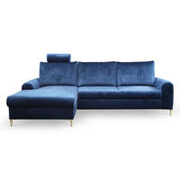 ECKSOFA VERONA L-S Blau Velours-Stoff mit Schlaffunktion - Blau, Holz (251/164cm) - MASSENO
