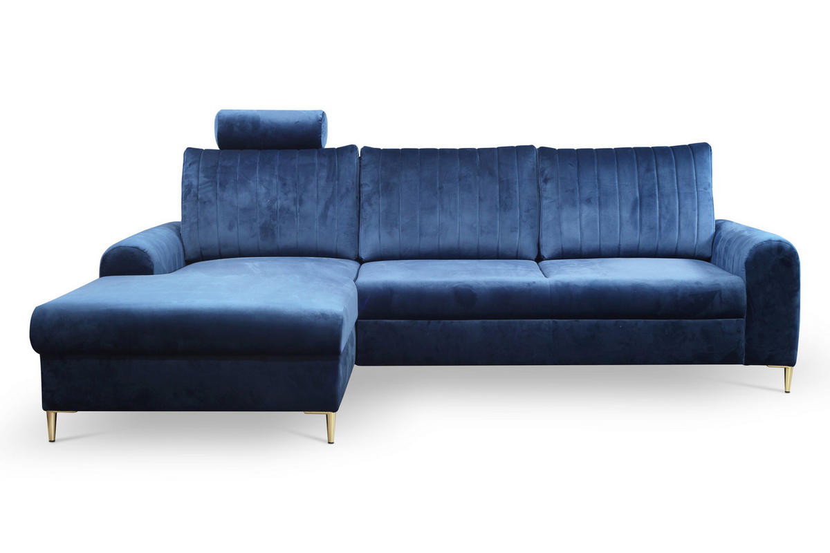 ECKSOFA VERONA L-S Blau Velours-Stoff mit Schlaffunktion - Blau, Holz (251/164cm) - MASSENO