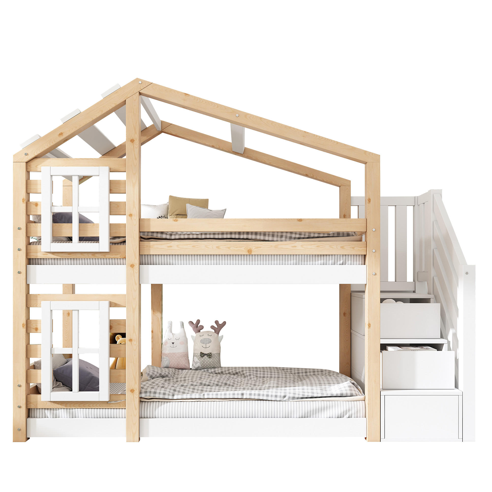 ETAGENBETT Baumhaus 90/200 cm Natur & Weiß mit Speicher und Rausfallschutz - Naturfarben, Holzwerkstoff (90/200cm) - OKWISH
