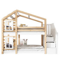ETAGENBETT Baumhaus 90/200 cm Natur & Weiß mit Speicher und Rausfallschutz - Naturfarben, Holzwerkstoff (90/200cm) - OKWISH