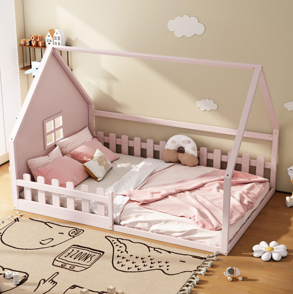 HAUSBETT aus Kiefer und MDF 140x200 cm Rosa mit Hausrahmen und Sicherheitsgeländer - Rosa, Holzwerkstoff (140/200cm) - Modfu