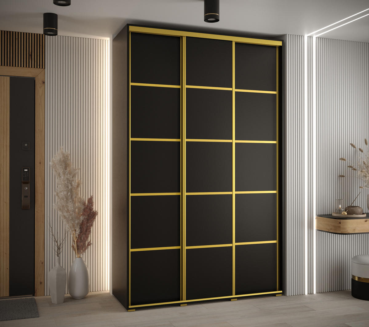SCHWEBETÜRENSCHRANK 235,2/150/45 3-türig - Goldfarben/Schwarz, Holz/Metall (150/235/45cm) - Abiks Möbel