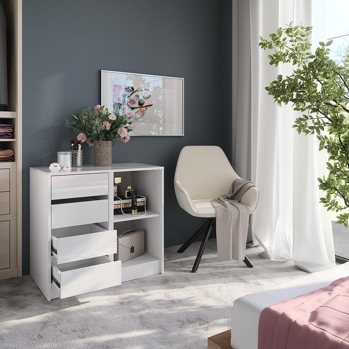 KOMMODE Sherry Weiß/Weiß Hochglanz 80.2 x 76 cm 2 Teile - Weiß Hochglanz, Holzwerkstoff (50.1cm) - Vicco