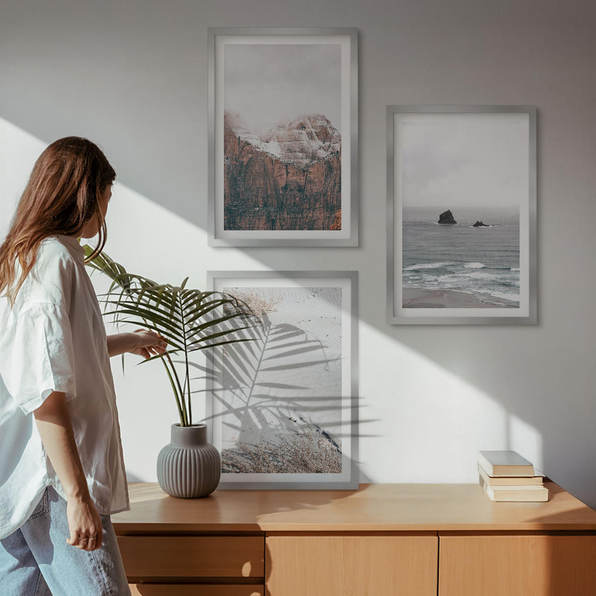 BILDER SET 3er Set - 40x60 cm Silberner Rahmen - Berge, Wolken, Meer, Sand, Natur - Silberfarben, Kunststoff (40/60cm) - TULUP