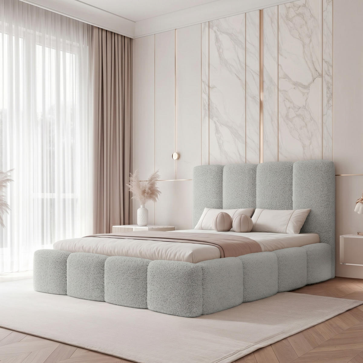 POLSTERBETT LANDARE 200x200 cm Platingrau Bouclé (Stoff Coral) - mit Bettkasten und Lattenrost - Hellgrau, Holzwerkstoff/Textil (200/200cm) - Ravio