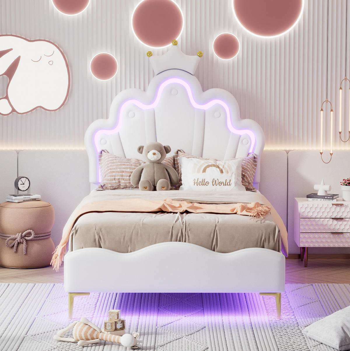 KINDERBETT Polsterbett 90/200 cm aus PU-Kunstleder mit LED-Beleuchtung Weiß - Weiß, Kunststoff (90/200cm) - Modenvie