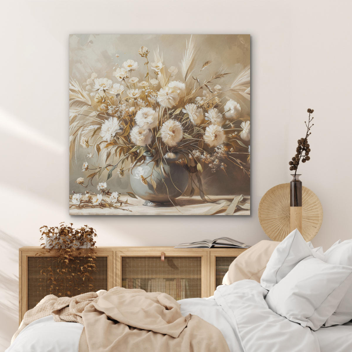 AKUSTIKPANEEL Blumen - Vase - Stilleben - Beige 90x90 cm - Creme, Textil (90/0.9/90cm) - MuchoWow