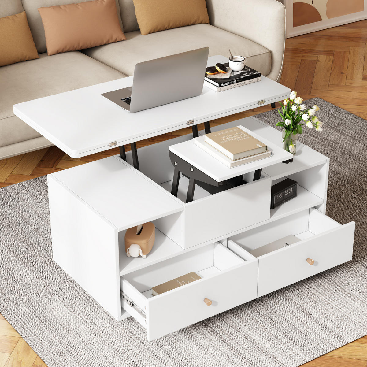COUCHTISCH 100/50/47,5 cm höhenverstellbar mit Klappfunktion und 4 Schubladen - Weiß, Holzwerkstoff (100/50/47.5cm) - Flora Grace