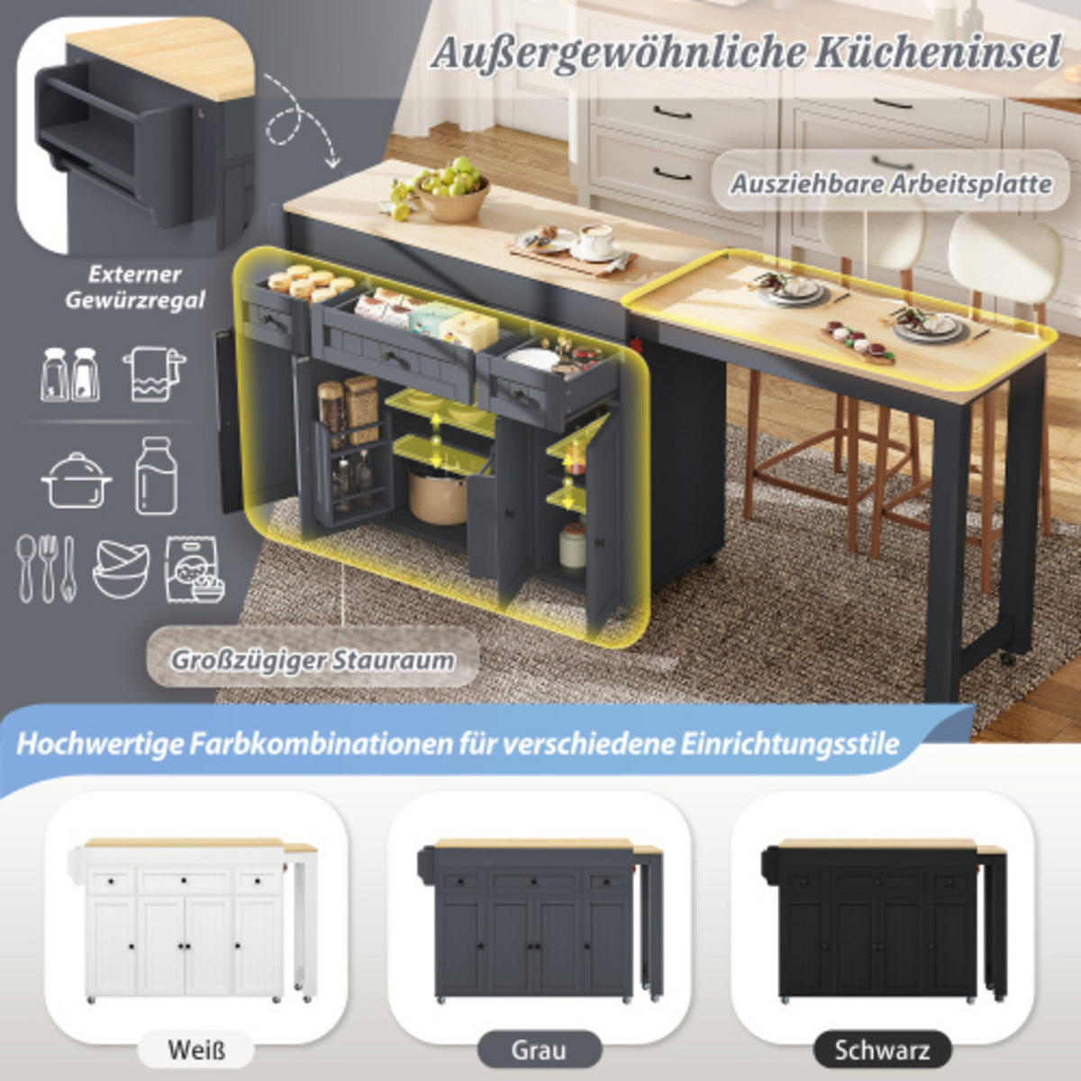 KÜCHENINSEL mit seitlich ausziehbarer Arbeitsplatte grau-natur 137-190,6×45,2×92 cm aus MDF - Grau, Holzwerkstoff (190.6/92/45.2cm) - Luhomfu