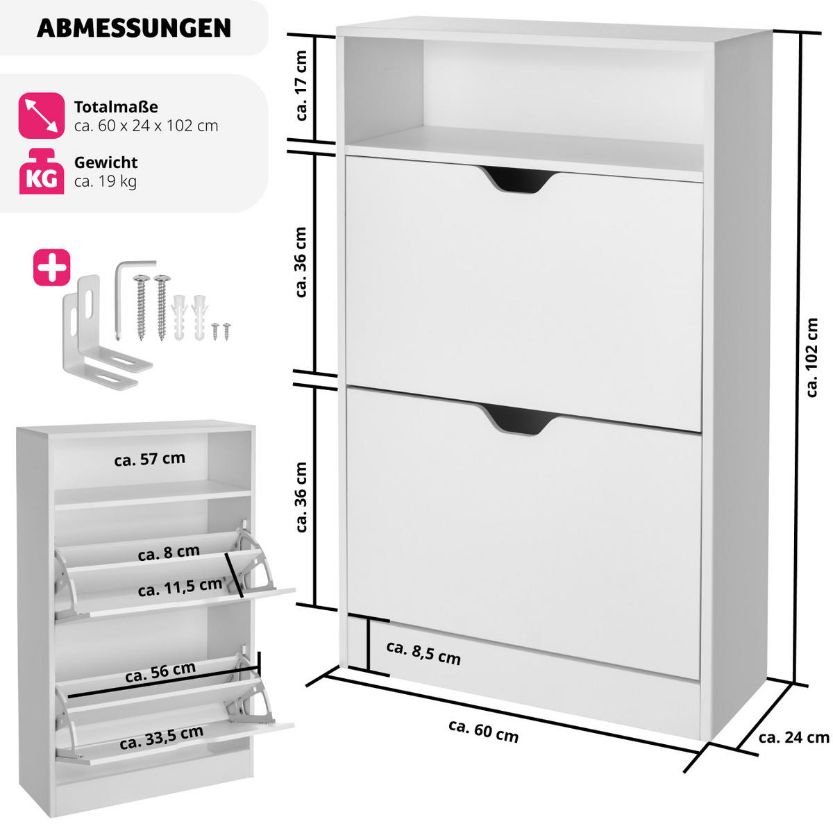 SCHUHSCHRANK Calea,60 x 24 x 102 cm,weiß - Weiß, Holzwerkstoff (60/102/24cm) - tectake