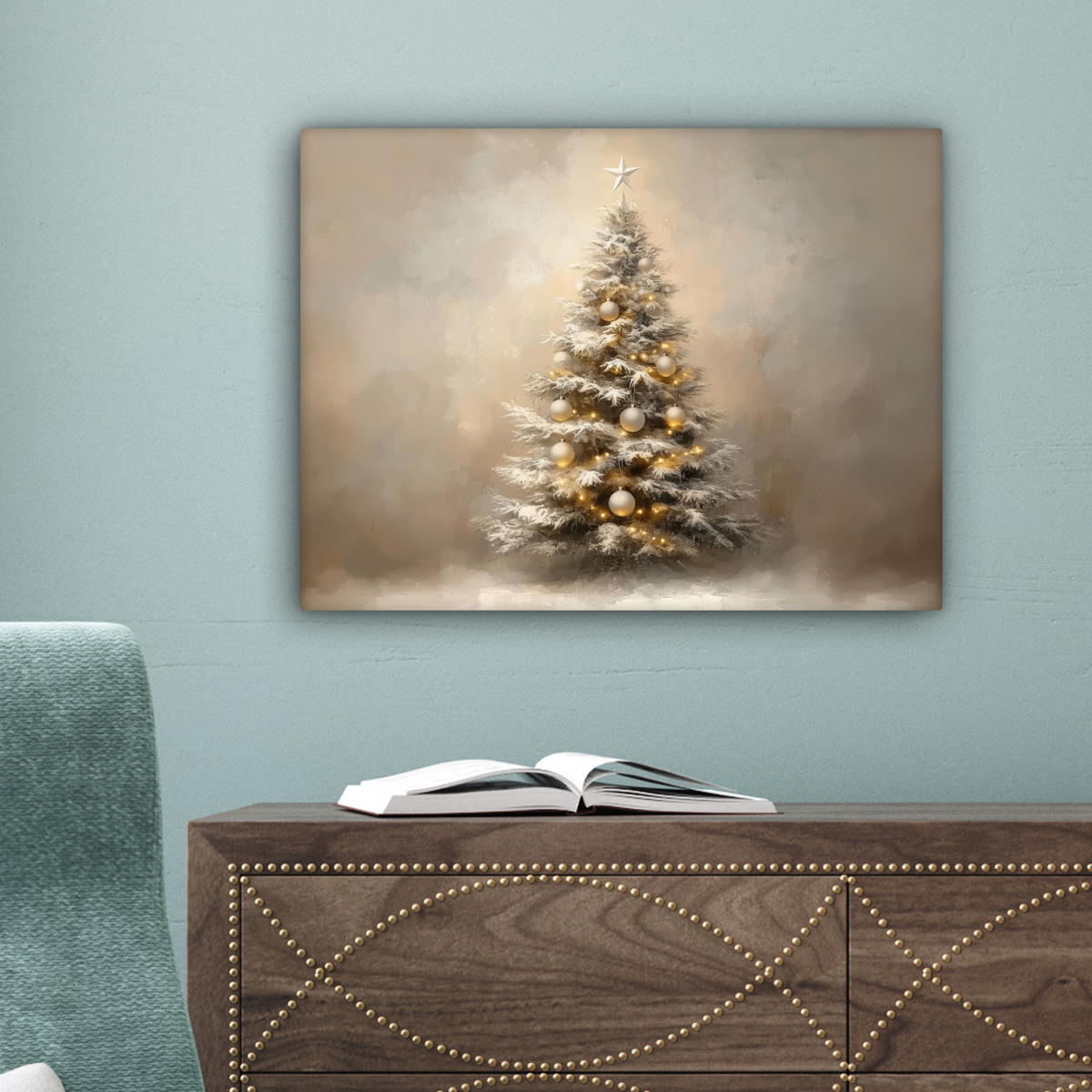 LEINWANDBILD Weihnachten - Weihnachtsbaum - Schnee - Kunst 40x30 cm - Champagner, Textil (40/30cm) - MuchoWow