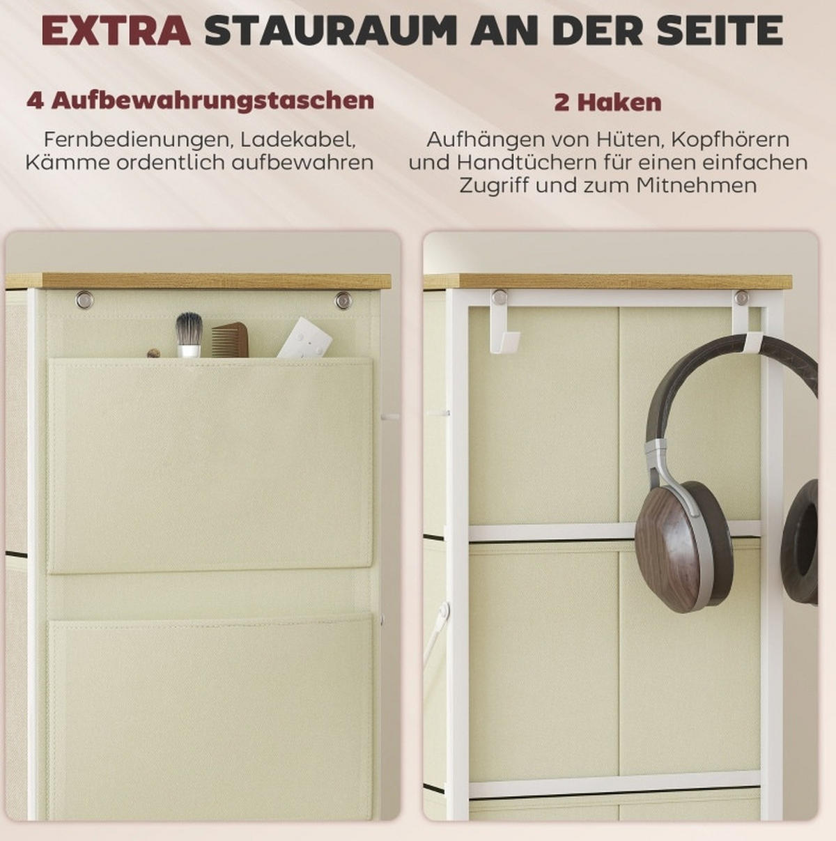 KOMODA z 8 tekstilnimi predali, stranskimi žepi in kljukama, bež, 86 cm - bež, kovina (30/94.5/86cm) - OKMYHOME