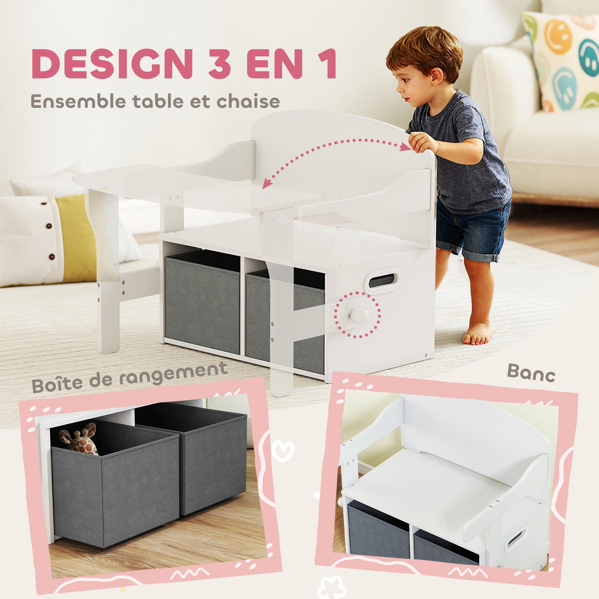 SPIELZEUGTRUHE DE-17273 3-in-1 mit Tisch, Stühlen & Stoffboxen Weiß - Weiß, Metall (46.5/67.6cm) - ComfortXL