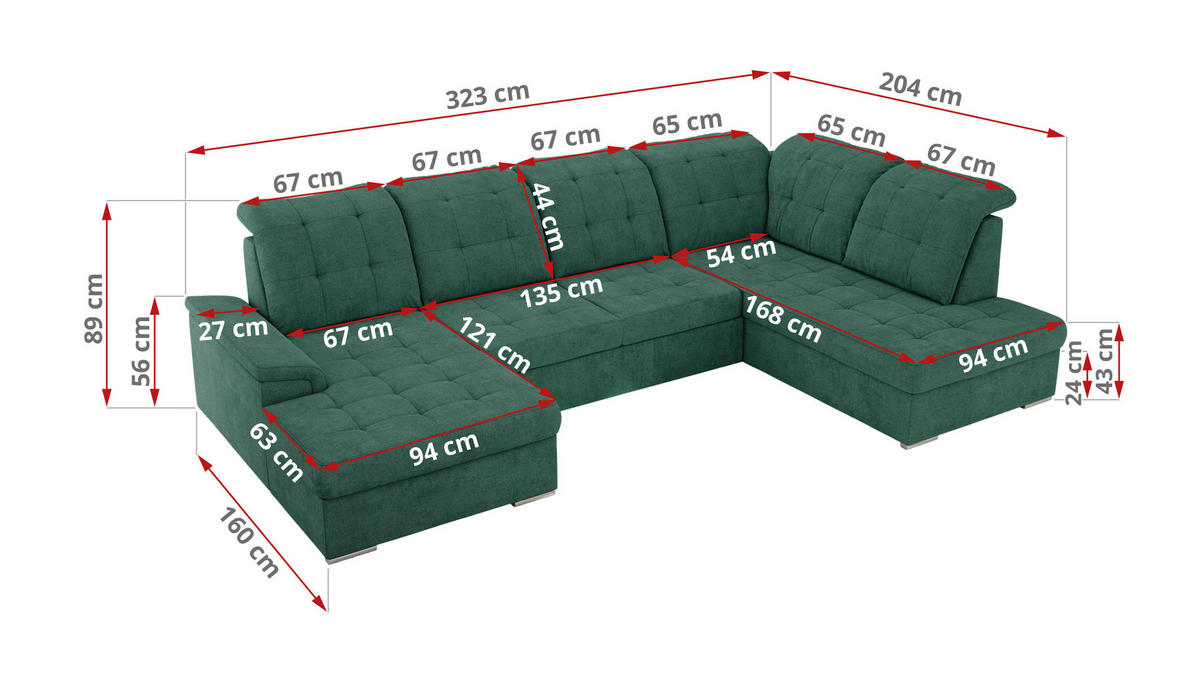 WOHNLANDSCHAFT MADRITO U - Grün Struktur - Links - Silberfarben/Grün, Textil/Metall (204/89/323cm) - MKS