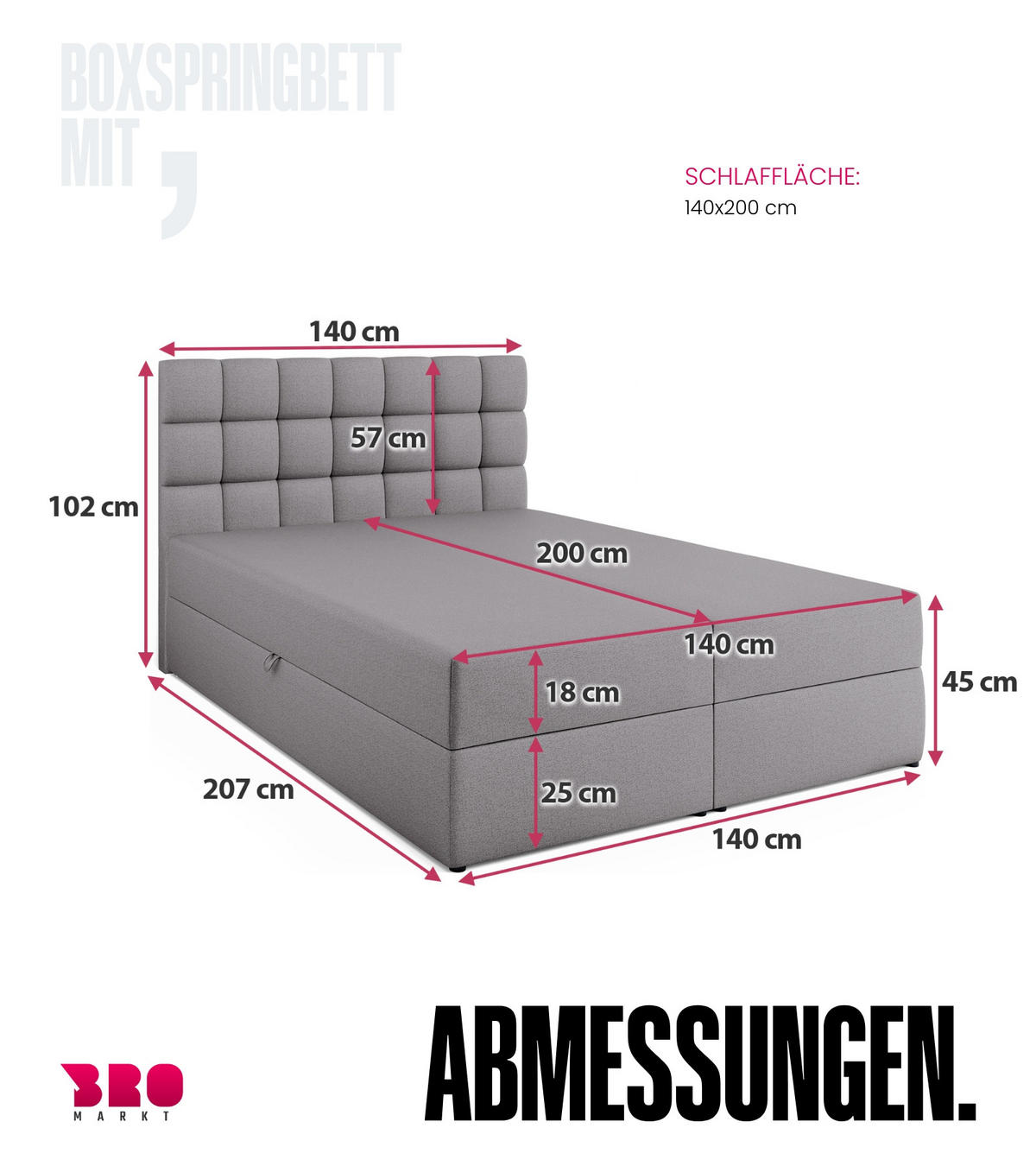 BOXBETT Dakota mit Topper 140/200 Grau - Grau, Textil (140/200cm) - Bromarkt