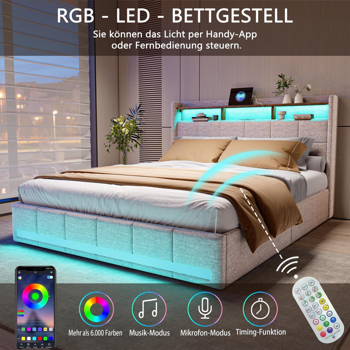 POLSTERBETT 140/200cm, mit 4 Schubladen, LED, USB-Anschluss, aus Leinen, beige - Beige, Holzwerkstoff (140/200cm) - Brevoria