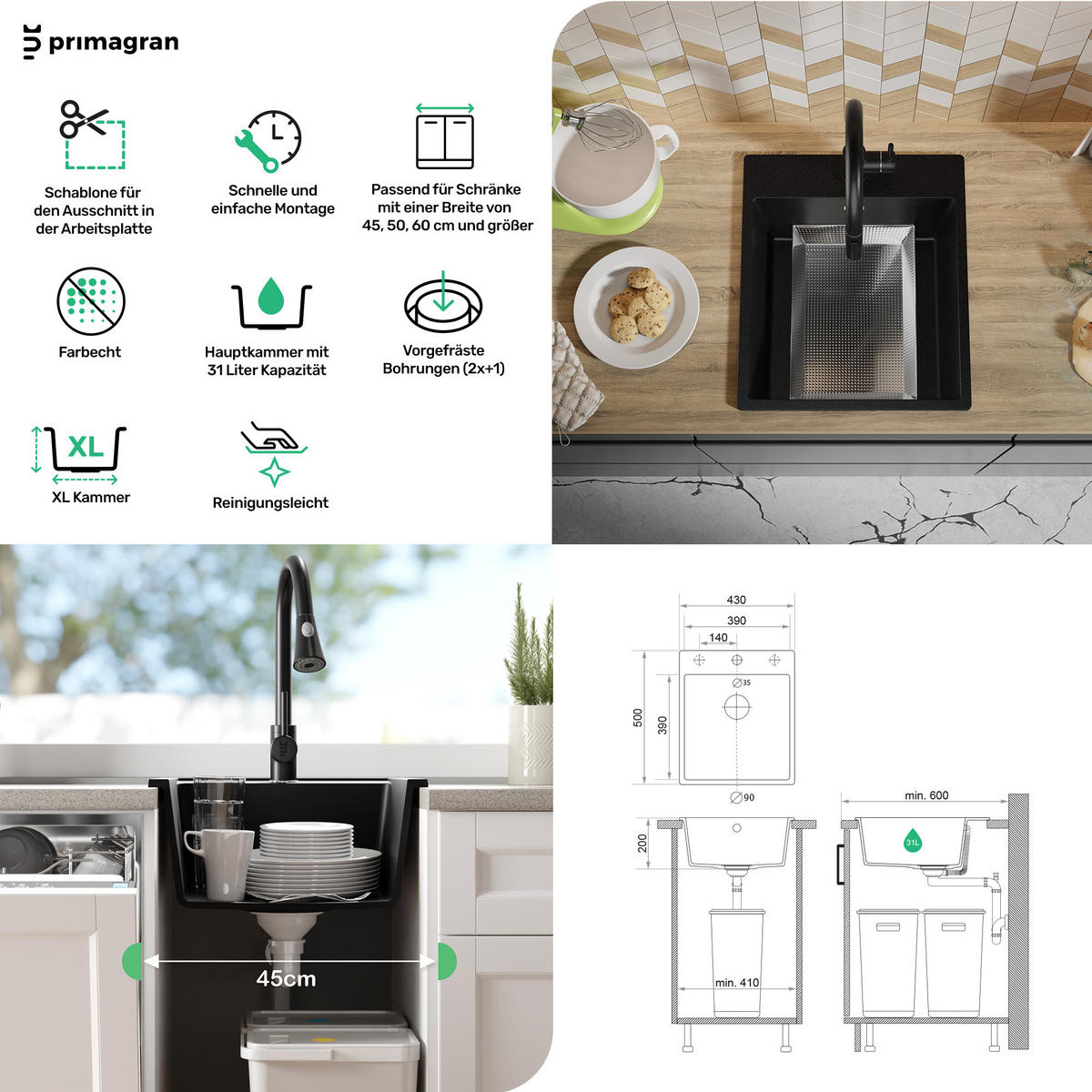 GRANITSPÜLE Riga, 2-er set Alles Weiß 43/50 cm 1 Becken + Küchenarmatur 32/20 cm + Ablauf-Set ab 45er Unterschrank - Weiß, Kunststoff (43/20/50cm) - Primagran