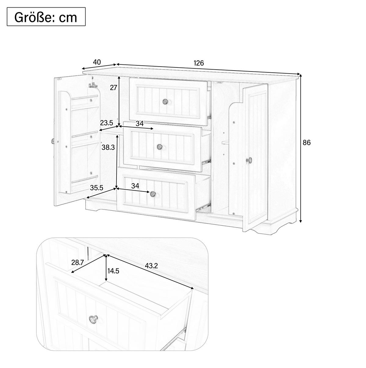 SIDEBOARD 126/40/86 cm grau aus MDF mit Schubladen und Türen - Grau, Holzwerkstoff (40/86/126cm) - OKWISH