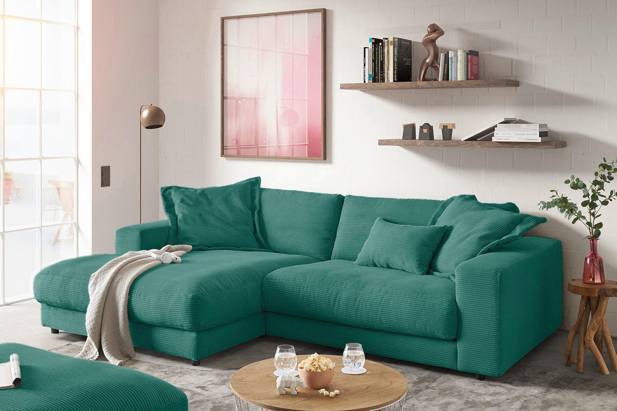 ECKSOFA MADELINE Smaragdgrün Cord - Smaragdgrün/Schwarz, Kunststoff/Textil (270/190cm) - KAWOLA