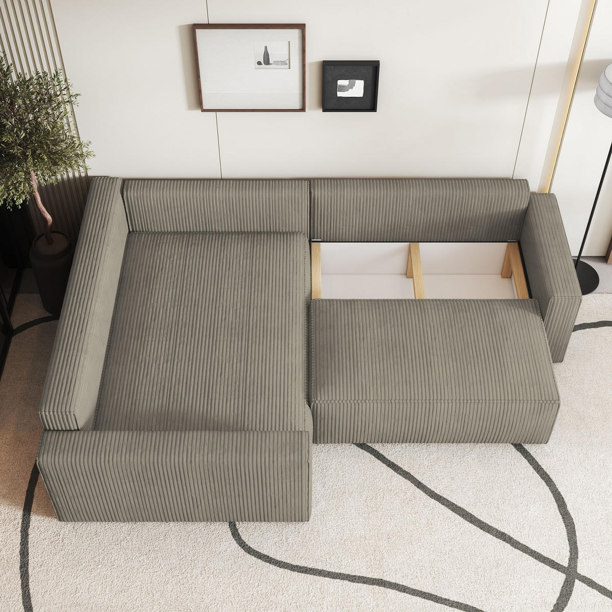 ECKSOFA ERONIS L-S Beige Kordstoff mit Schlaffunktion - Beige, Holz (265/194cm) - MASSENO