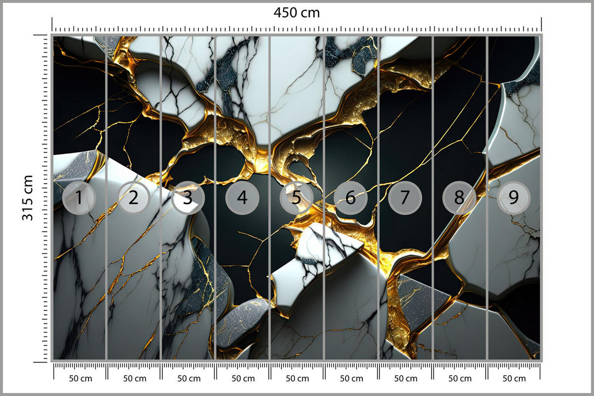 FOTOTAPETE für Wohnzimme Schwarze Weißer Marmor Goldelementen 450x315 - Goldfarben/Schwarz, Papier (450/315cm) - Muralo