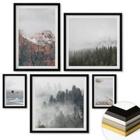 WANDBILDER 5er-Set - 50x50 cm & 20x30 cm & 40x60 cm Schwarzer Rahmen - Abstrakte Wellen, graue Pastellfarben - Schwarz, Kunststoff (40/60cm) - ArtPrintCave