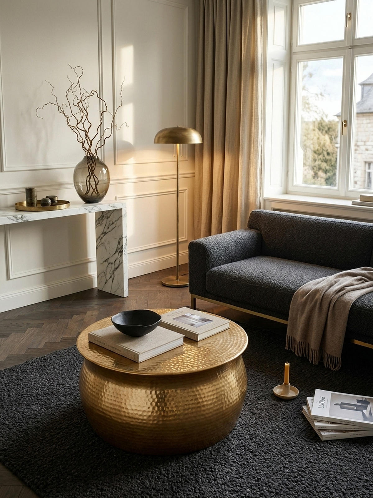 COUCHTISCH ENNS: Orientalisch, Hammerschlagstrukturen, Aluminium, Handgefertigt, Gold 60x60x30 cm - Goldfarben, Metall (60/60/30cm) - KADIMA DESIGN