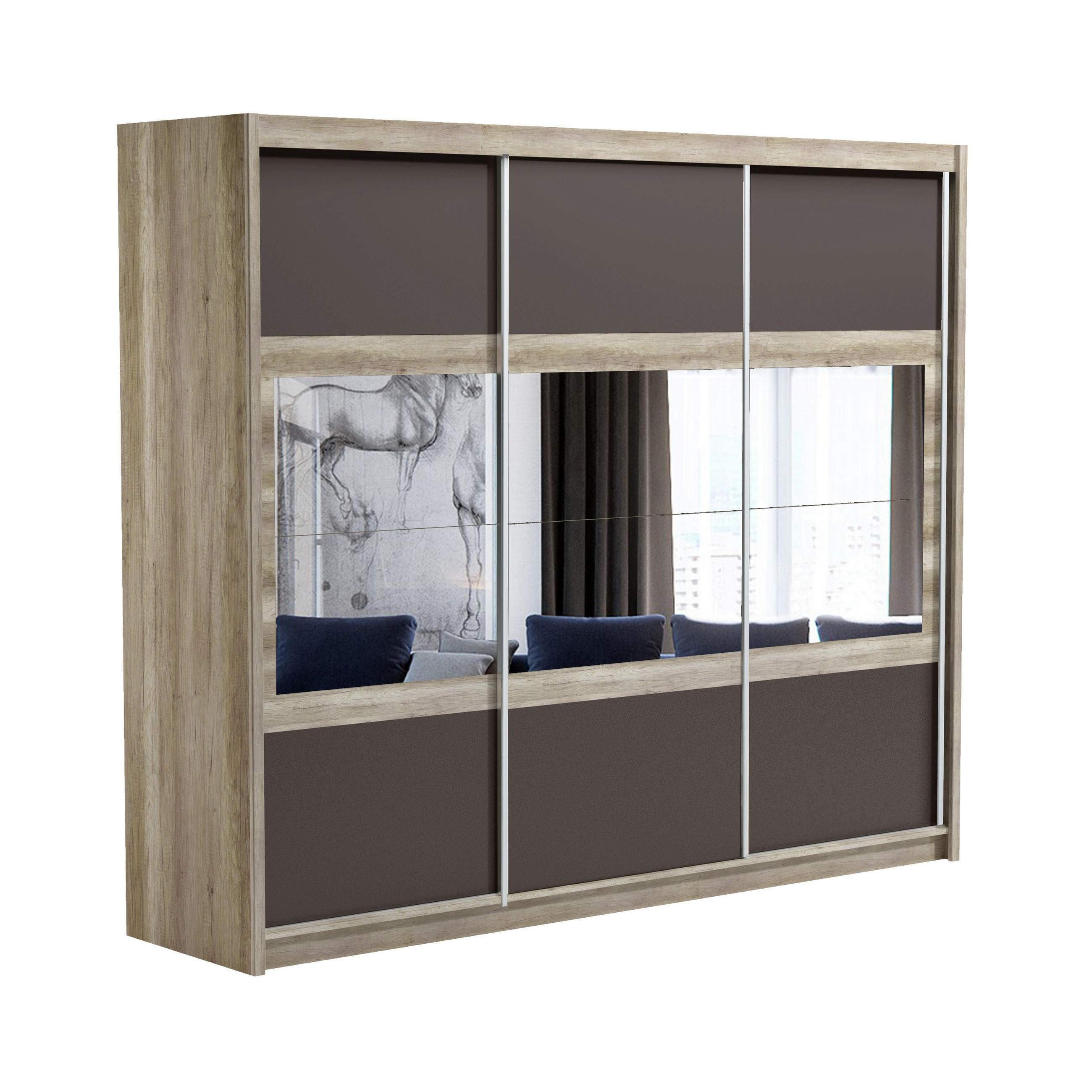 SCHWEBETÜRENSCHRANK POPPY 250/215/61 cm 3-türig mit Spiegel Eichefarben - Eichefarben/Braun, Holzwerkstoff (250/215/61cm) - MASSENO