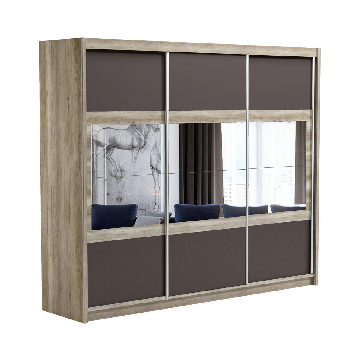 SCHWEBETÜRENSCHRANK POPPY 250/215/61 cm 3-türig mit Spiegel Eichefarben - Eichefarben/Braun, Holzwerkstoff (250/215/61cm) - MASSENO